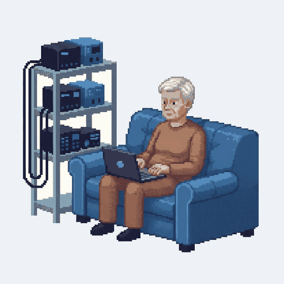 Pixel-art illustration: the same account manager seated calmly with a single laptop and a tidy equipment shelf behind.