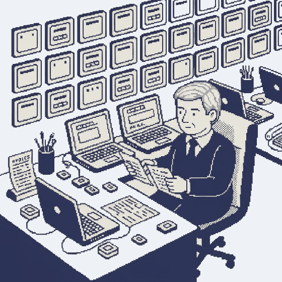 Pixel-art illustration: an account manager at a desk buried in three laptops, scattered security key fobs, paper invoices and a wall of separate login screens.